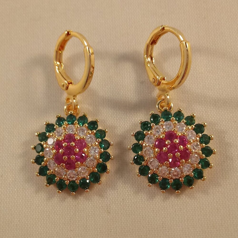 18K Yellow Gold Filled Flower Rose Red Diamond Zircon Dangle Earrings Gorgeous